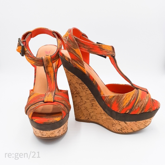 JustFab Cerise NWOT Orange Cork Wedge Sandals - Picture 4 of 6